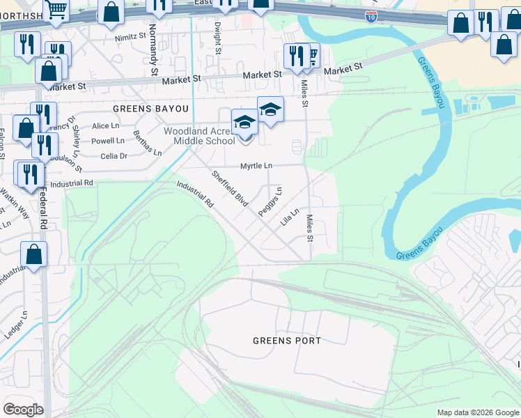 map of restaurants, bars, coffee shops, grocery stores, and more near 1717 Sheffield Boulevard in Houston
