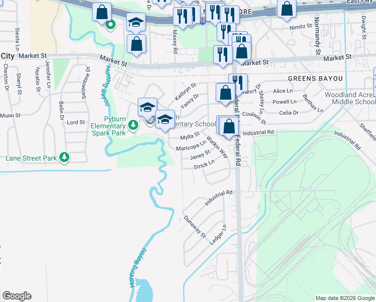 map of restaurants, bars, coffee shops, grocery stores, and more near 12418 Janey Street in Houston