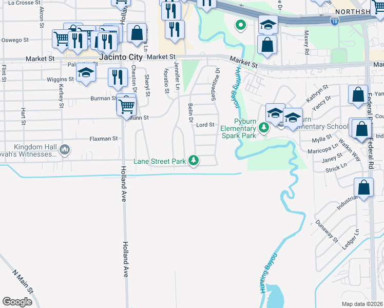 map of restaurants, bars, coffee shops, grocery stores, and more near 11501 Lane Street in Houston