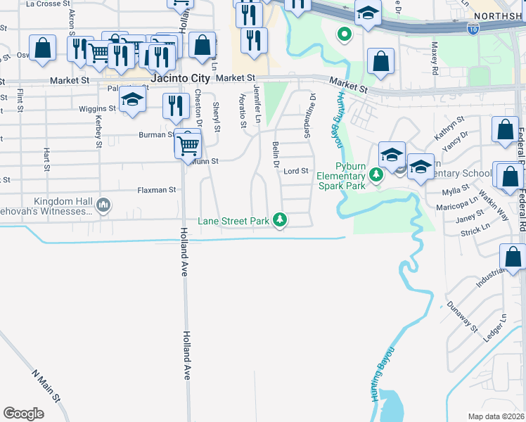map of restaurants, bars, coffee shops, grocery stores, and more near 1729 Jennifer Lane in Houston