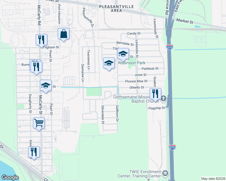 map of restaurants, bars, coffee shops, grocery stores, and more near 8533 Guinevere Street in Houston
