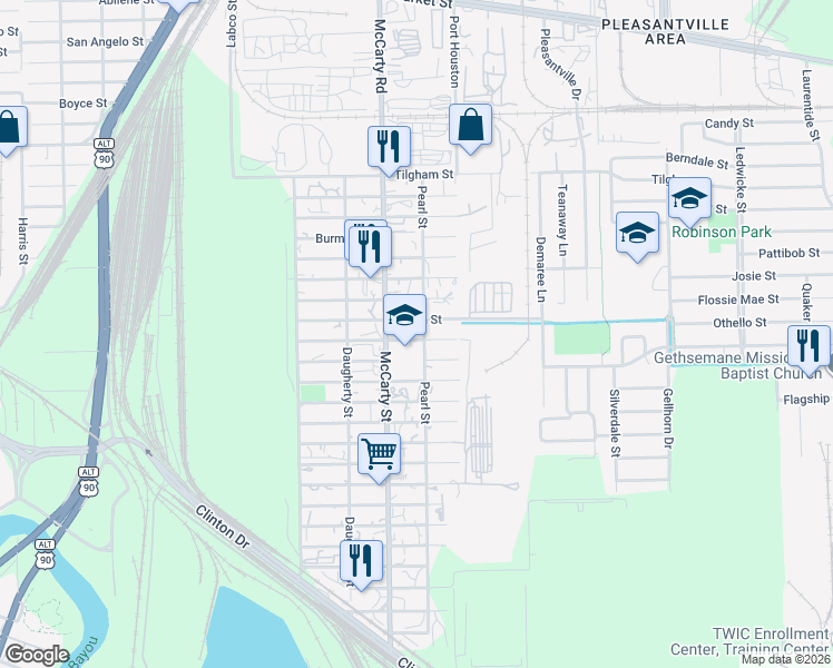 map of restaurants, bars, coffee shops, grocery stores, and more near 1800 McCarty Street in Houston