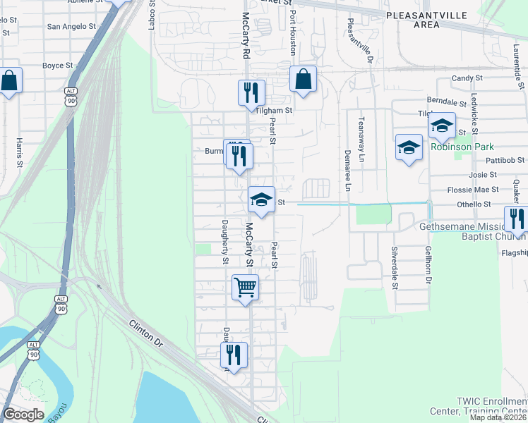 map of restaurants, bars, coffee shops, grocery stores, and more near 1800 McCarty Street in Houston