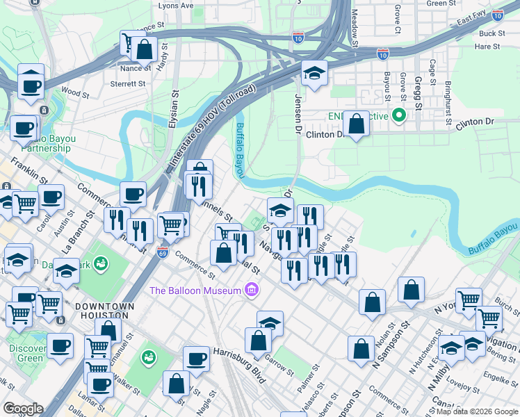 map of restaurants, bars, coffee shops, grocery stores, and more near 2307 Runnels Street in Houston