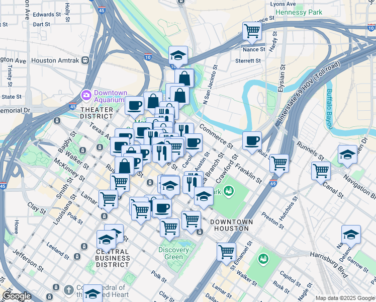 map of restaurants, bars, coffee shops, grocery stores, and more near 1311 Preston Street in Houston