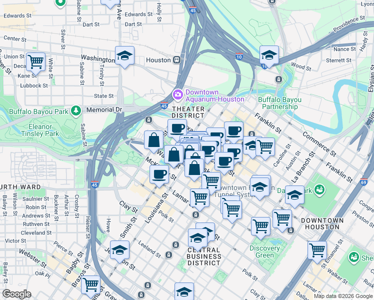 map of restaurants, bars, coffee shops, grocery stores, and more near 625 Walker Street in Houston