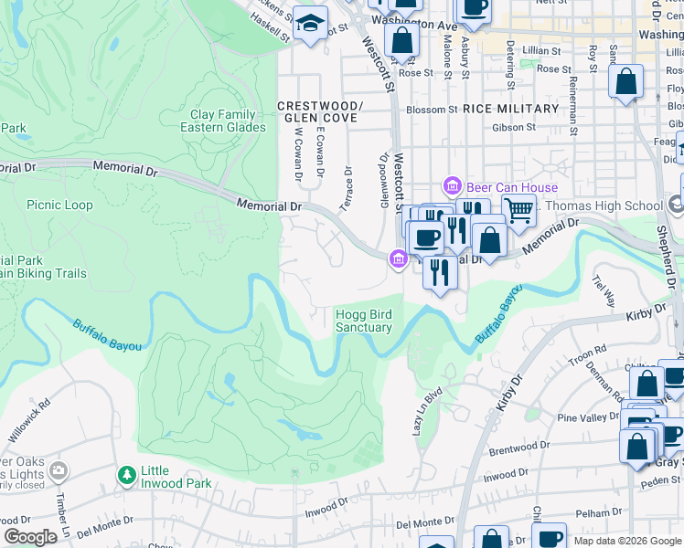 map of restaurants, bars, coffee shops, grocery stores, and more near 6040 Glencove Street in Houston