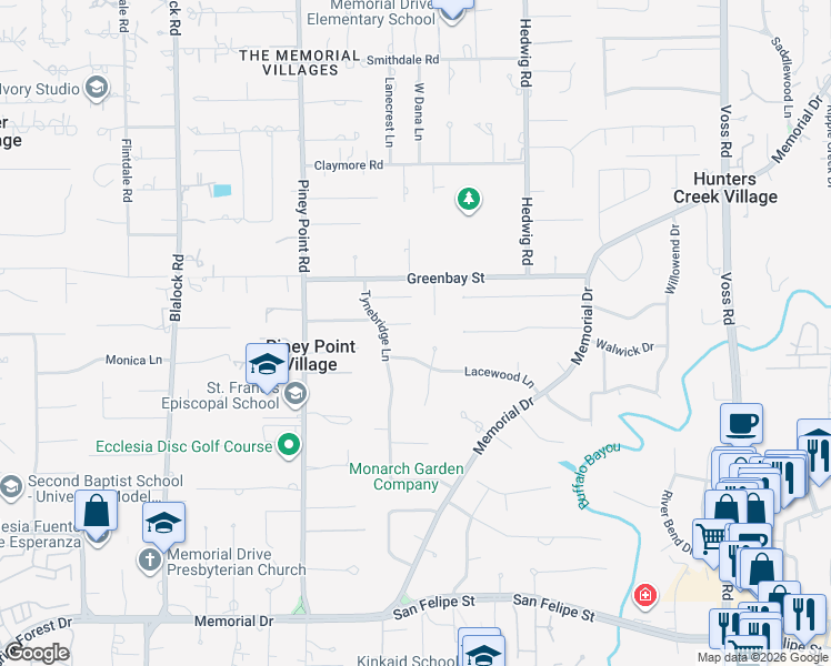 map of restaurants, bars, coffee shops, grocery stores, and more near 11210 Lacewood Lane in Houston