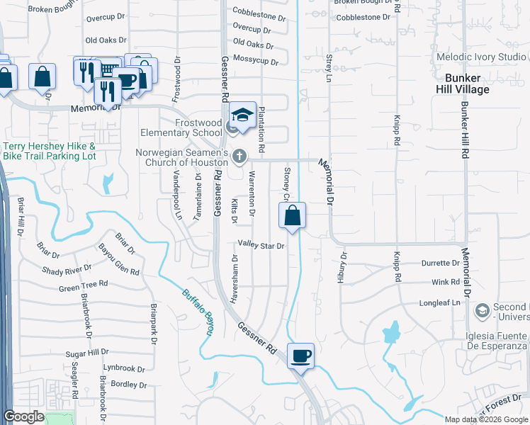 map of restaurants, bars, coffee shops, grocery stores, and more near 210 Warrenton Drive in Houston