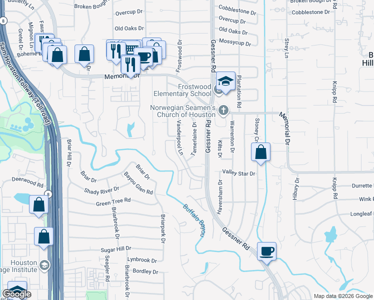 map of restaurants, bars, coffee shops, grocery stores, and more near 234 Vanderpool Lane in Houston