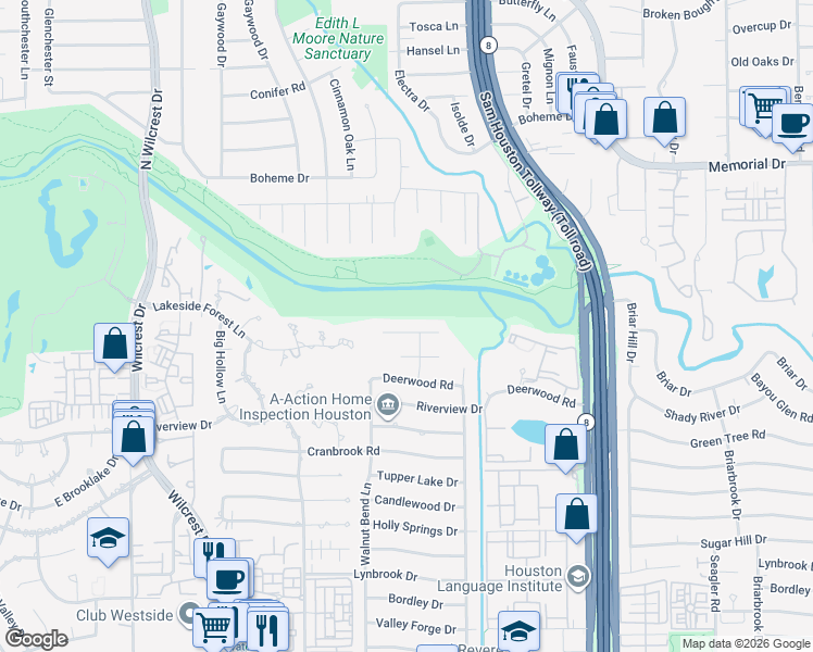 map of restaurants, bars, coffee shops, grocery stores, and more near 10619 Bayou Glen Road in Houston