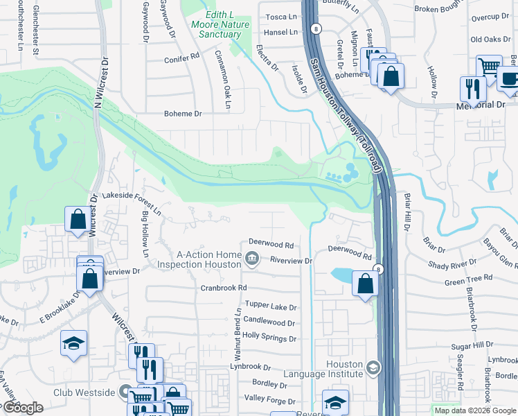 map of restaurants, bars, coffee shops, grocery stores, and more near 10723 Bayou Glen Road in Houston