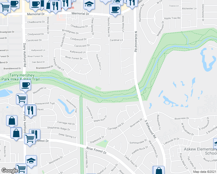 map of restaurants, bars, coffee shops, grocery stores, and more near 387 Rancho Bauer Drive in Houston