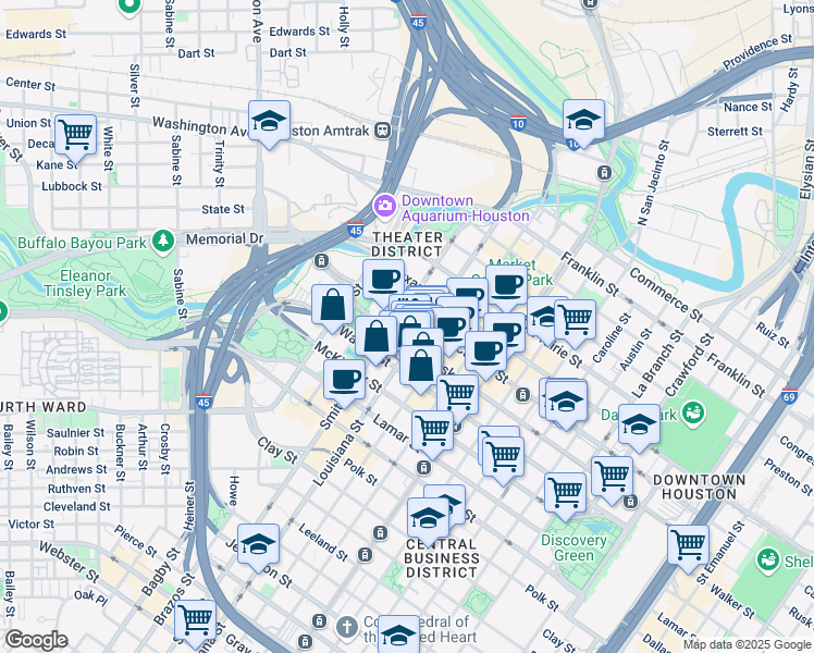 map of restaurants, bars, coffee shops, grocery stores, and more near 700 Louisiana Street in Houston