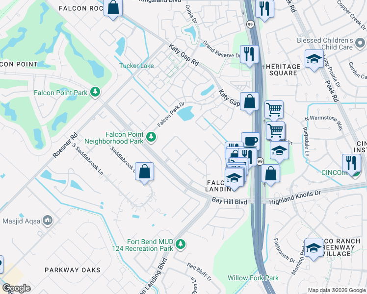 map of restaurants, bars, coffee shops, grocery stores, and more near 1511 Lago Vista Lane in Katy