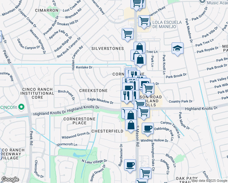 map of restaurants, bars, coffee shops, grocery stores, and more near 1514 Grand Junction Drive in Katy