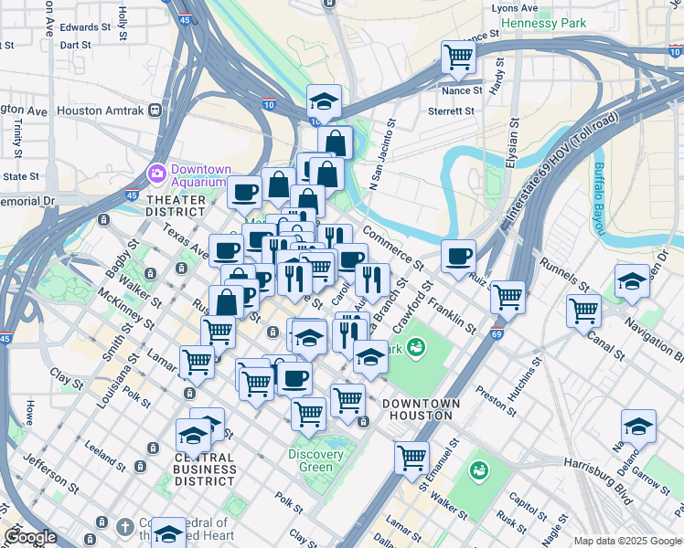 map of restaurants, bars, coffee shops, grocery stores, and more near 1200 Congress Street in Houston