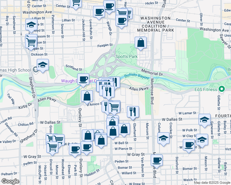 map of restaurants, bars, coffee shops, grocery stores, and more near 2929 Allen Parkway in Houston