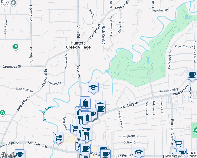 map of restaurants, bars, coffee shops, grocery stores, and more near 6559 Bayou Glen Road in Houston