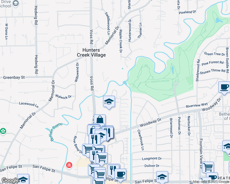 map of restaurants, bars, coffee shops, grocery stores, and more near 6454 Bayou Glen Road in Houston