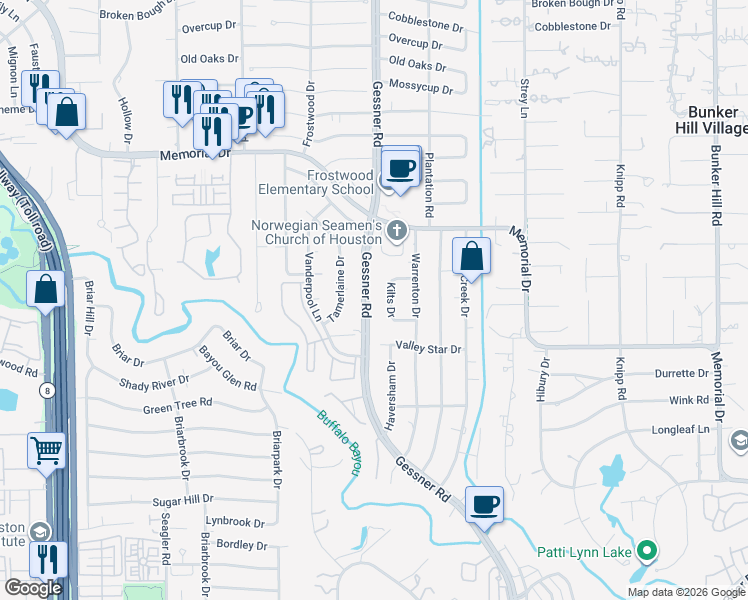 map of restaurants, bars, coffee shops, grocery stores, and more near 233 Kilts Drive in Houston