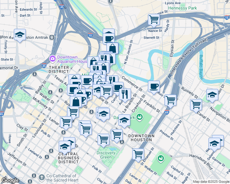 map of restaurants, bars, coffee shops, grocery stores, and more near 1200 Congress Street in Houston