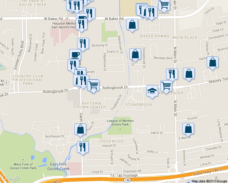 map of restaurants, bars, coffee shops, grocery stores, and more near 519 Rollingbrook Drive in Baytown