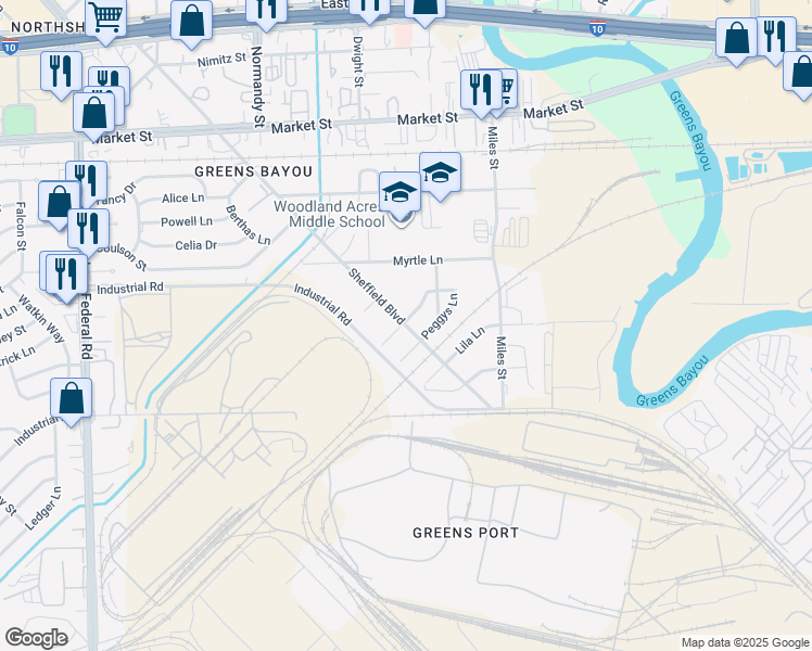 map of restaurants, bars, coffee shops, grocery stores, and more near 1611 Sheffield Boulevard in Houston