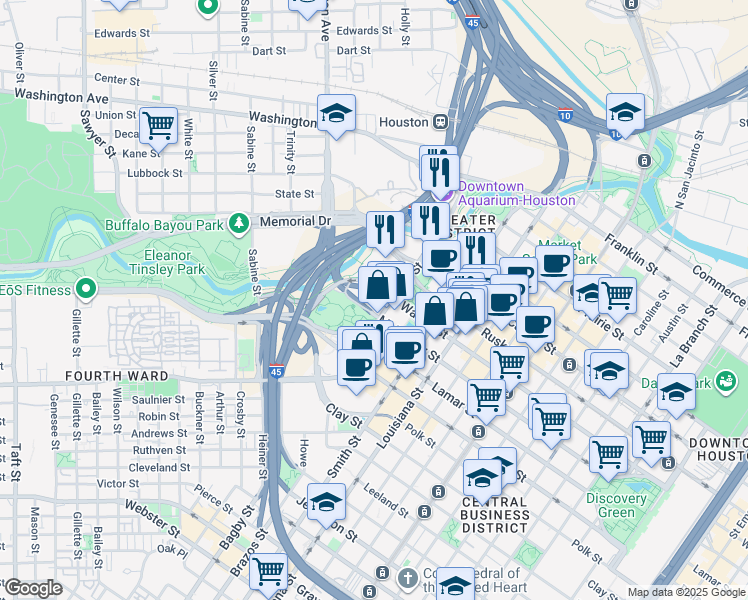 map of restaurants, bars, coffee shops, grocery stores, and more near 900 Bagby Street in Houston