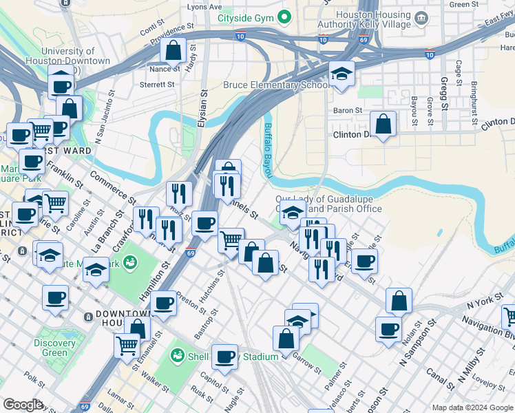 map of restaurants, bars, coffee shops, grocery stores, and more near 2109 Runnels Street in Houston