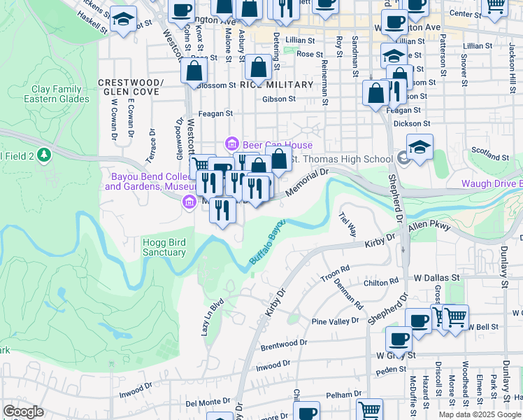 map of restaurants, bars, coffee shops, grocery stores, and more near 5555 Memorial Drive in Houston