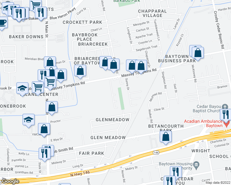 map of restaurants, bars, coffee shops, grocery stores, and more near 911 Running Creek Court in Baytown