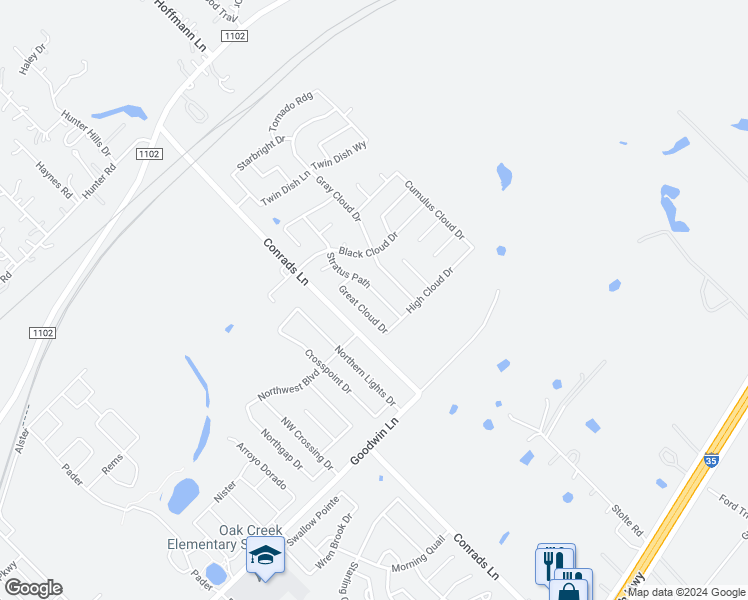 map of restaurants, bars, coffee shops, grocery stores, and more near 747 Stratus Path in New Braunfels