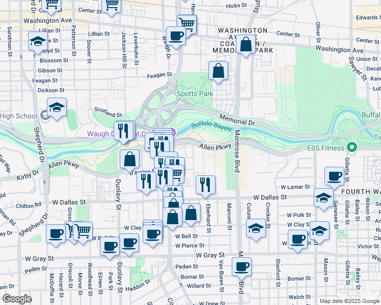 map of restaurants, bars, coffee shops, grocery stores, and more near 2919 Allen Parkway in Houston