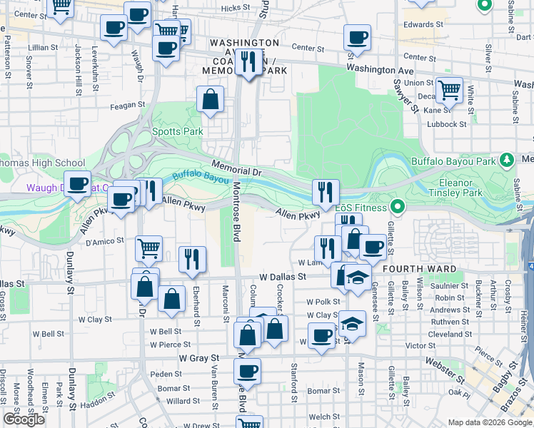 map of restaurants, bars, coffee shops, grocery stores, and more near 2227 Allen Parkway in Houston