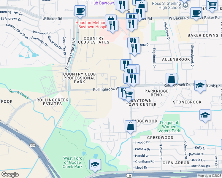map of restaurants, bars, coffee shops, grocery stores, and more near 1670 Rollingbrook Drive in Baytown