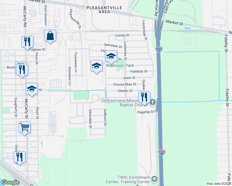 map of restaurants, bars, coffee shops, grocery stores, and more near 8634 Flossie Mae Street in Houston