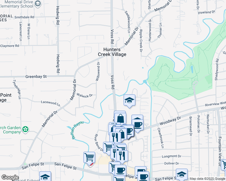 map of restaurants, bars, coffee shops, grocery stores, and more near 206 Voss Road in Houston