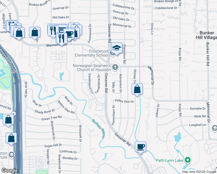 map of restaurants, bars, coffee shops, grocery stores, and more near 233 Kilts Drive in Houston
