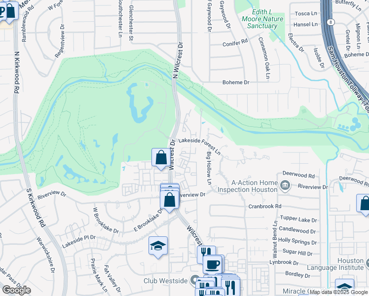 map of restaurants, bars, coffee shops, grocery stores, and more near 301 Wilcrest Drive in Houston