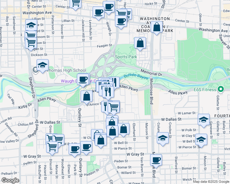 map of restaurants, bars, coffee shops, grocery stores, and more near 2929 Allen Parkway in Houston