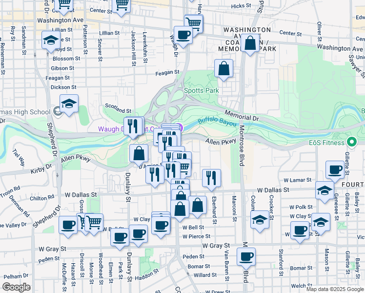 map of restaurants, bars, coffee shops, grocery stores, and more near 2927 Allen Parkway in Houston