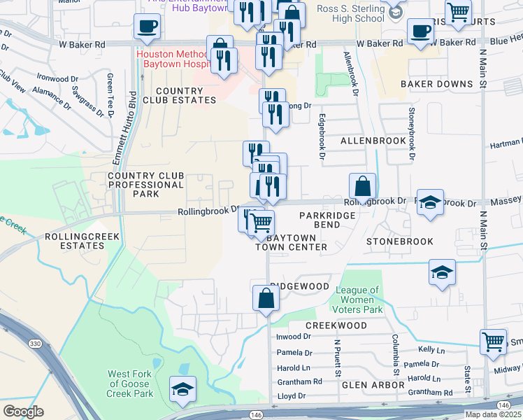 map of restaurants, bars, coffee shops, grocery stores, and more near 3600 Garth Road in Baytown
