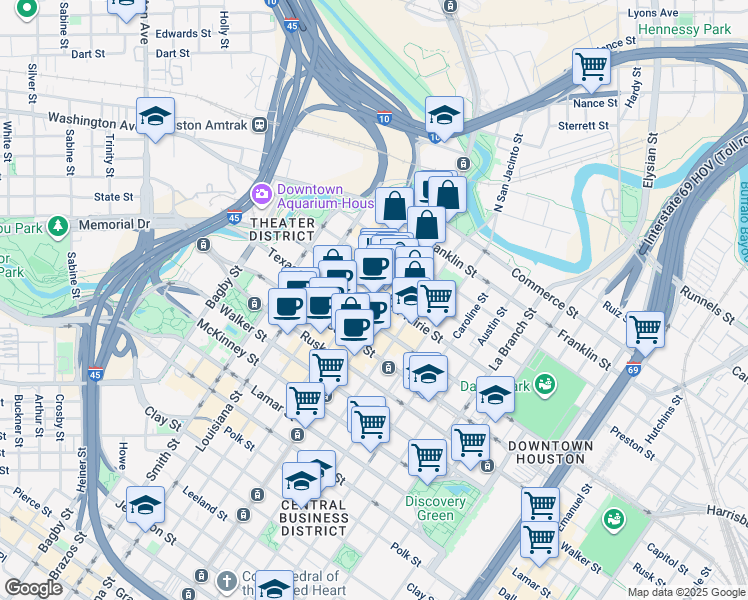 map of restaurants, bars, coffee shops, grocery stores, and more near 910 Prairie Street in Houston