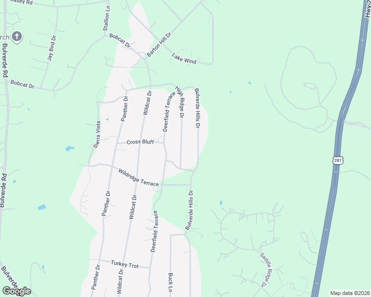 map of restaurants, bars, coffee shops, grocery stores, and more near 31458 High Ridge Drive in Bulverde