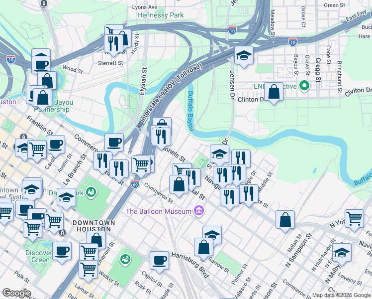 map of restaurants, bars, coffee shops, grocery stores, and more near 2115 Runnels Street in Houston