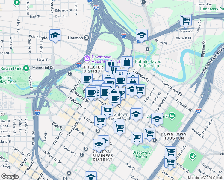 map of restaurants, bars, coffee shops, grocery stores, and more near 909 Texas Avenue in Houston