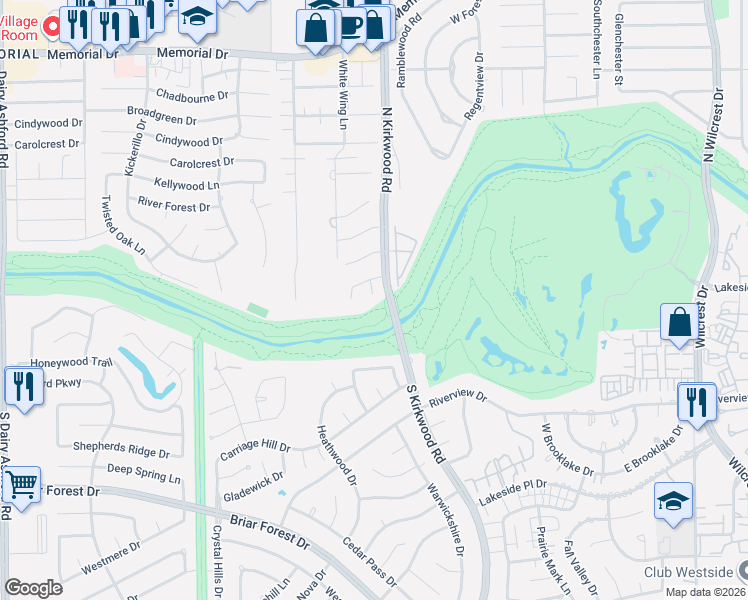 map of restaurants, bars, coffee shops, grocery stores, and more near 14127 Heatherfield Drive in Houston