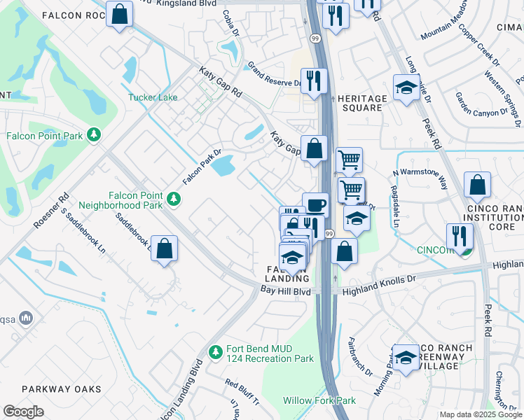 map of restaurants, bars, coffee shops, grocery stores, and more near 23706 Shadow Creek Court in Katy