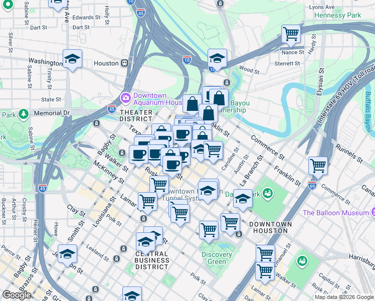 map of restaurants, bars, coffee shops, grocery stores, and more near 910 Prairie Street in Houston